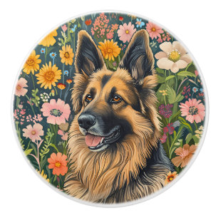 Bouton De Porte En Céramique Berger allemand fantaisiste dans un jardin fleuri