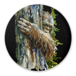 Bouton De Porte En Céramique Bigfoot Aquarelle Noire Cache Forêt