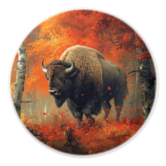 Bouton De Porte En Céramique Bison dans l'artisanat boisé d'automne (Devant)