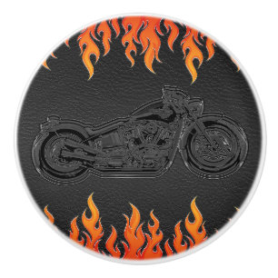 Bouton De Porte En Céramique Black Leather Orange Flames