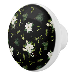 Bouton De Porte En Céramique Blanc et vert floral illustré sur fond noir