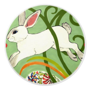 Bouton De Porte En Céramique Blanc Rabbit Vert Art Déco Vines Tiroir Tirage Ti