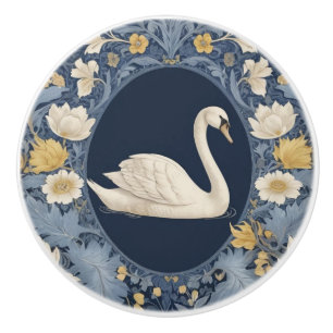 Bouton De Porte En Céramique Blanc Swan William Morris style Face droite à l'oi
