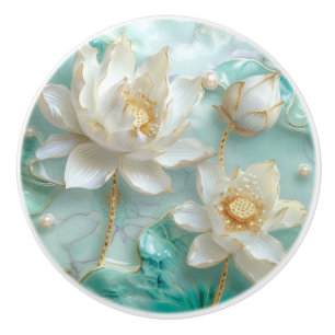 Bouton De Porte En Céramique Blanc Turquoise Aquamarine Gold Lotus Lily Flower