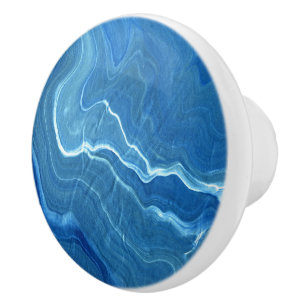 Bouton De Porte En Céramique Bleu Agate Marbre Abstraction
