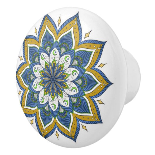 Bouton De Porte En Céramique Bleu, Blanc et Or Mandala Ceramic Knob (Droite)