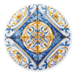 Bouton De Porte En Céramique Bleu Blanc Look d'or Talavera Azulejo Tile