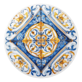 Bouton De Porte En Céramique Bleu Blanc Look d'or Talavera Azulejo Tile