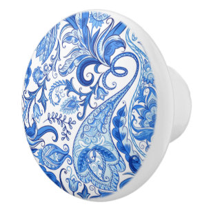 Bouton De Porte En Céramique Bleu Bleu Blanc Floral Motif Paisley