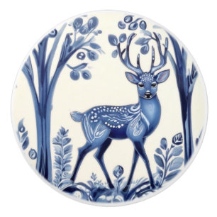 Bouton De Porte En Céramique Bleu cerf et blanc Bois Folk Art animal