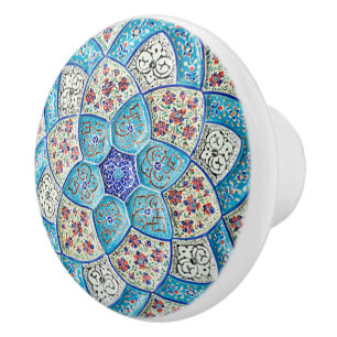 Bouton De Porte En Céramique Bleu de turquoise marocain traditionnel, blanc,