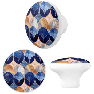 Bouton De Porte En Céramique Bleu élégant + motif géométrique or rose