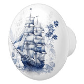 Bouton De Porte En Céramique Bleu et blanc Delft voilier en mer (Droite)