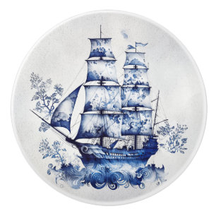 Bouton De Porte En Céramique Bleu et blanc Delft voilier en mer