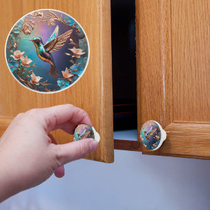 Bouton De Porte En Céramique Bleu Étincelant Avec Colibri