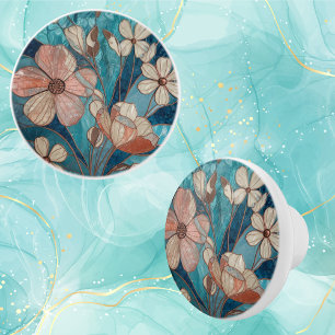 Bouton De Porte En Céramique Bleu Floral Sarcelle Crème Cuivre