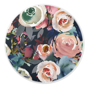 Bouton De Porte En Céramique Bleu foncé et rose blush aquarelle floral chic