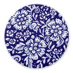 Bouton De Porte En Céramique Bleu foncé Grand Design Floral Bois Marine