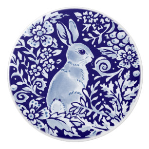 Bouton De Porte En Céramique Bleu foncé Lapin Bois Animal Floral Cobalt