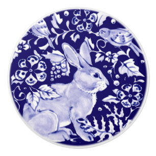 Bouton De Porte En Céramique Bleu foncé Lapin Lapin Bois Floral Cobalt