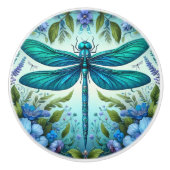 Bouton De Porte En Céramique Bleu libellule avec fleurs (Devant)