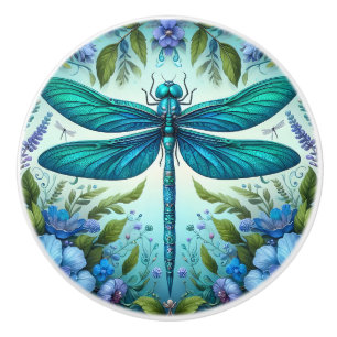 Bouton De Porte En Céramique Bleu libellule avec fleurs