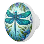 Bouton De Porte En Céramique Bleu libellule avec fleurs (Droite)