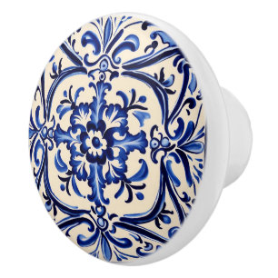 Bouton De Porte En Céramique Bleu méditerranéen et blanc Art folklorique Abstra