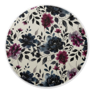 Bouton De Porte En Céramique Bleu minuit Bourgogne floral encre beige amande