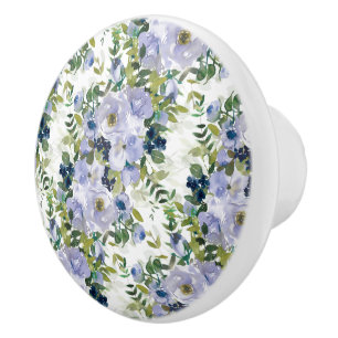 Bouton De Porte En Céramique Bleu Nuit Bleu Poussiéreux Floral Blanc Printemps