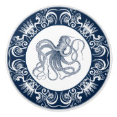 Bouton De Porte En Céramique Bleu octopus cadre blanc (Devant)