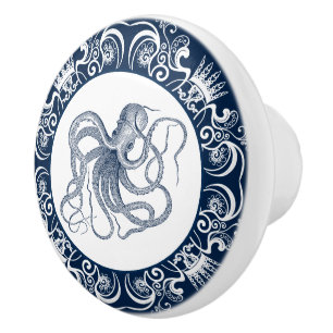 Bouton De Porte En Céramique Bleu octopus cadre blanc