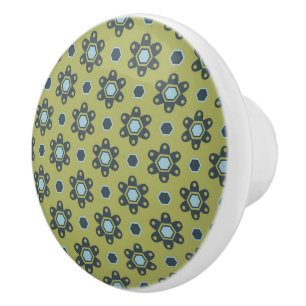Bouton De Porte En Céramique Bleu rétro et marguerites noires sur motif floral