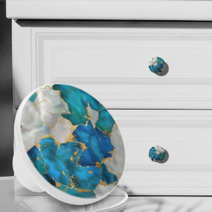 Bouton De Porte En Céramique Bleu rêveur, sarcelle, perle et or