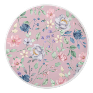 Bouton De Porte En Céramique Bleu rose et jaune Floral violet décoratif