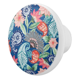 Bouton De Porte En Céramique Bleu Royal Turquoise Orange Floral Vintage Paisley