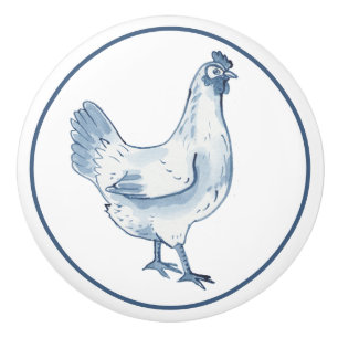 Bouton De Porte En Céramique Bleu Rustique & Poulet Blanc Hen Country Delft