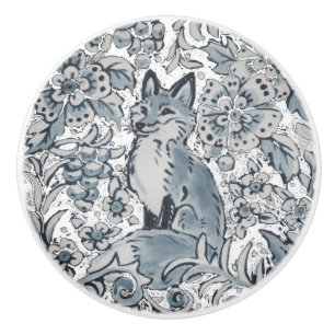 Bouton De Porte En Céramique Blue Fox Floral Woodland Unique Art Delft Look