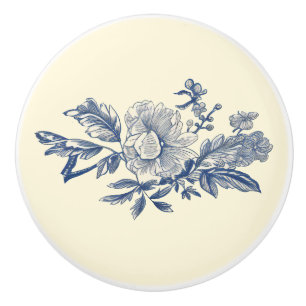 Bouton De Porte En Céramique Blue Ivory Toile Peony Détail