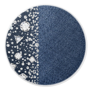 Bouton De Porte En Céramique Blue Jean Denim Diamonds Glam Trendy Diamond Bling