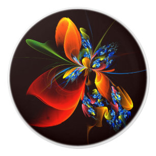 Bouton De Porte En Céramique Blue Orange Floral Moderne Art Abstrait Motif #03