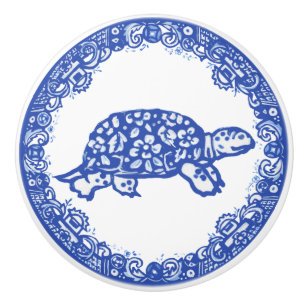 Bouton De Porte En Céramique Blue Willow Design Turtle Tortoise mignonne face d