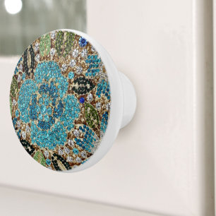 Bouton De Porte En Céramique bohème girly chic argent turquoise fleur bleu