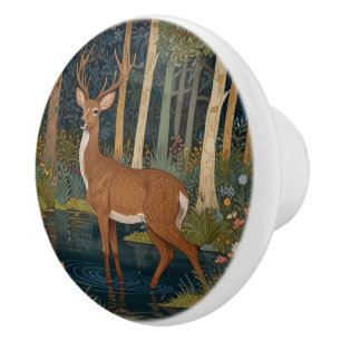 Bouton De Porte En Céramique Boho Deer dans le bois avec la végétation forestiè