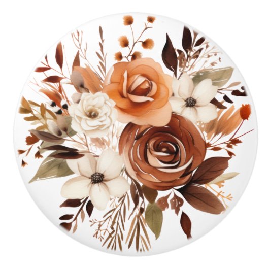 Bouton De Porte En Céramique Boho Gold Brown Fleurs Floral Ceramic Knob (Devant)