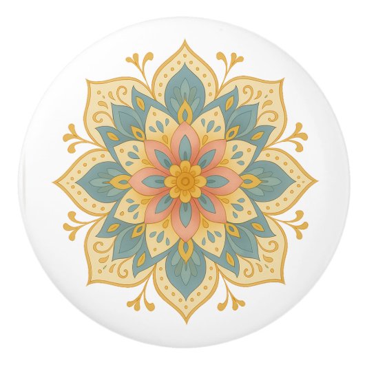 Bouton De Porte En Céramique Boho Mandala Teal Blush & Gold Ceramic Knob Pull (Devant)