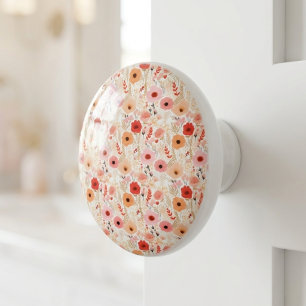 Bouton De Porte En Céramique Boho Terracotta Orange Peach Floral