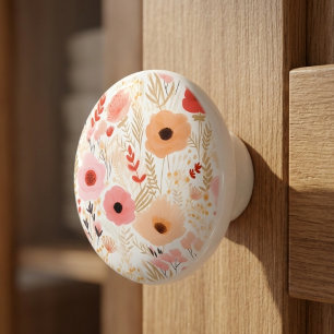 Bouton De Porte En Céramique Boho Terracotta Orange Peach Floral