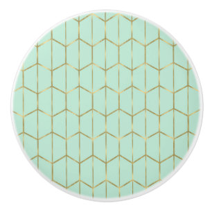 Bouton De Porte En Céramique Boho Vert Menthe Hexagone Or & Géométrique Glam