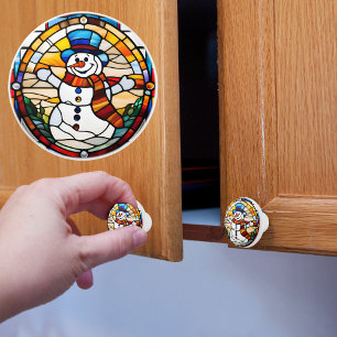 Bouton De Porte En Céramique Bonhomme de neige en faux vitrail